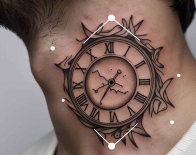 Minimalist neck tattoo design inspired by male actor, featuring constellations, Roman numerals, or cursive script. Find professional tattoo shops near me for elegant and meaningful tattoo artistry.