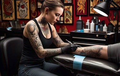 A modern tattoo studio with a skilled artist working on a client's arm, surrounded by vibrant flash art on the walls and a clean, professional workspace. Discover the best tattoo shops near you for expert designs and exceptional service.