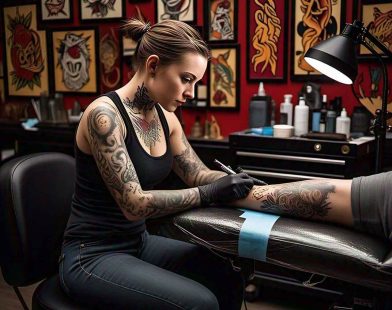 A modern tattoo studio with a skilled artist working on a client's arm, surrounded by vibrant flash art on the walls and a clean, professional workspace. Discover the best tattoo shops near you for expert designs and exceptional service.