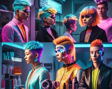 Futuristic hairstyle innovations featuring bold holographic hair colors, 3D-printed extensions, and smart hair tools in a high-tech salon setting.