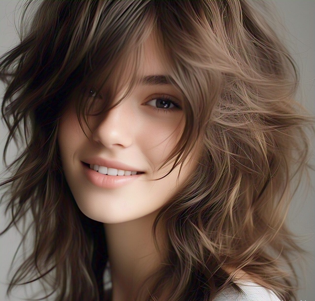 Model with a soft, layered Hush Cut, featuring feathered ends and natural texture.