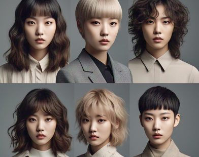 Diverse models showcasing popular Korean hair fashion trends, including Hush Cut, Two-Block Haircut, Wavy Perm, Glass Hair, Airy Bangs, and Mullet Revival.