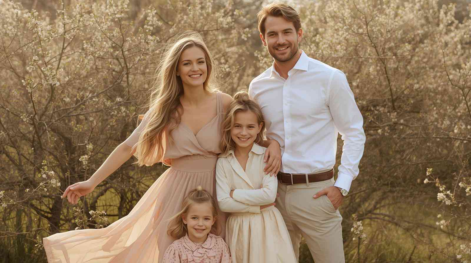 Family wearing coordinated pastel and neutral outfits for spring family photo session outdoors