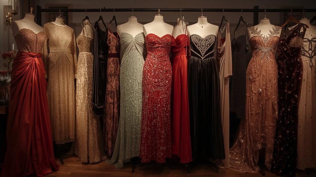 Collection of old Hollywood dresses featuring red satin, velvet, and beaded vintage gowns displayed in a boutique.