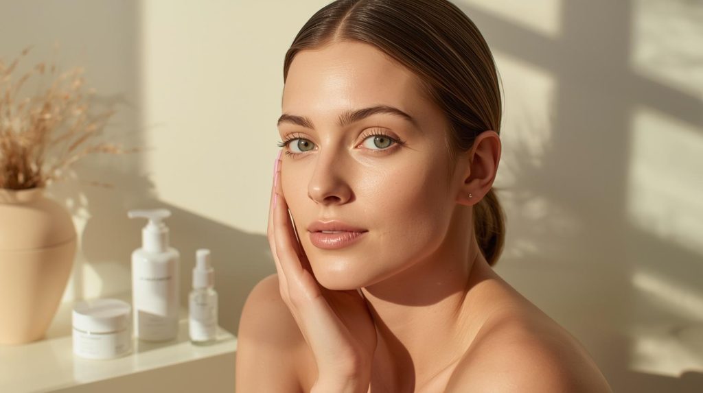 Benefits of anti-inflammatory skin care shown through a gentle skincare routine and calm, healthy-looking skin.