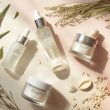 Anti-inflammatory skin care products including calming creams and serums with natural ingredients like aloe vera, green tea, and oatmeal, displayed on a soft pastel background.