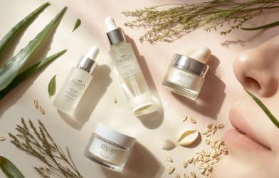 Anti-inflammatory skin care products including calming creams and serums with natural ingredients like aloe vera, green tea, and oatmeal, displayed on a soft pastel background.