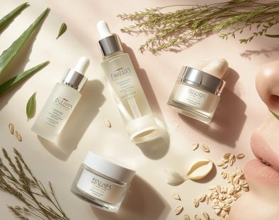 Anti-inflammatory skin care products including calming creams and serums with natural ingredients like aloe vera, green tea, and oatmeal, displayed on a soft pastel background.