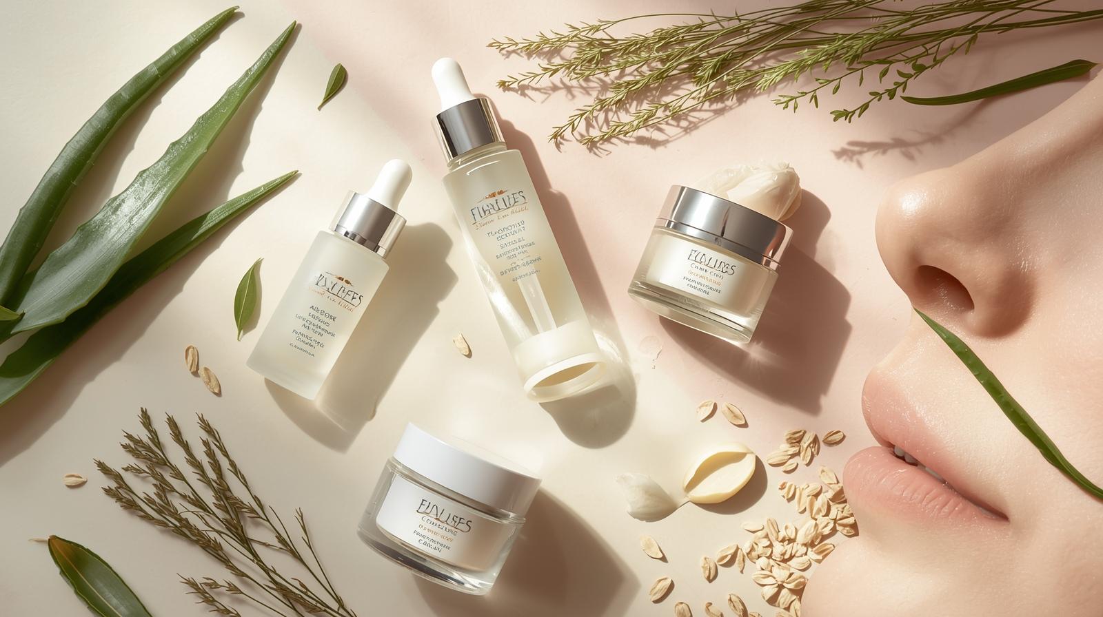 Anti-inflammatory skin care products including calming creams and serums with natural ingredients like aloe vera, green tea, and oatmeal, displayed on a soft pastel background.