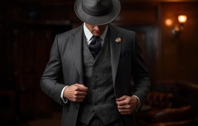 1920s men's fashion trends featuring a classic three-piece suit and fedora hat