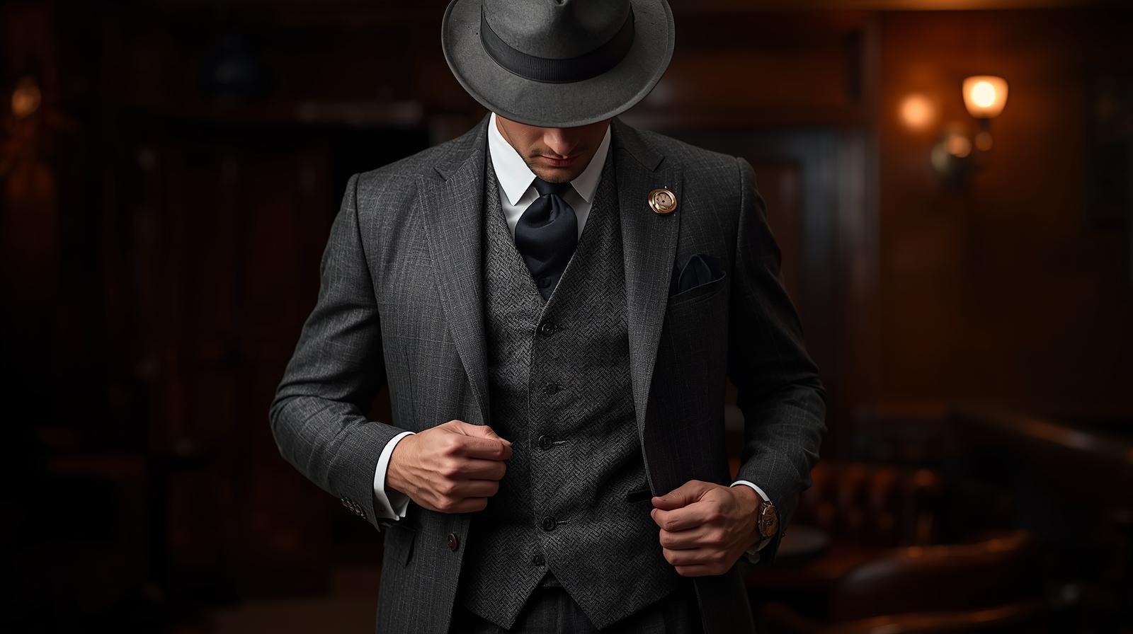 1920s men's fashion trends featuring a classic three-piece suit and fedora hat